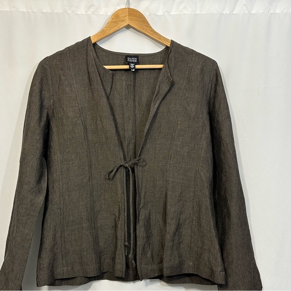 Eileen Fisher Long Sleeve Linen Lagenlook Tie Front Cardigan - Picture 2 of 8